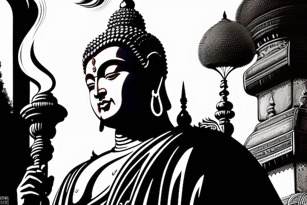 Una ilustración en blanco y negro de un Buda con una estatua en el fondo.