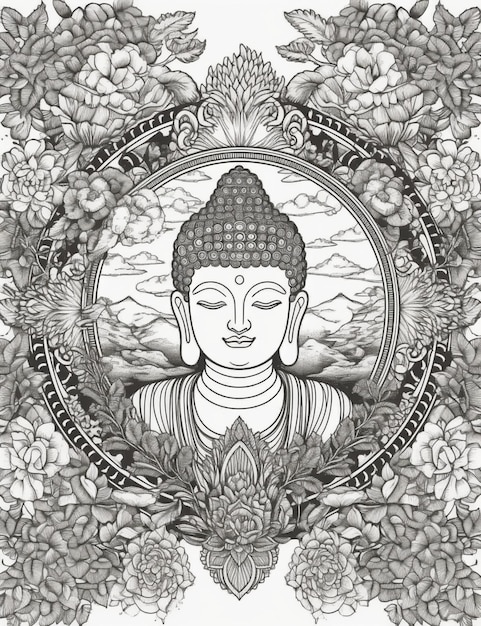 Una ilustración en blanco y negro de un buda con montañas al fondo.