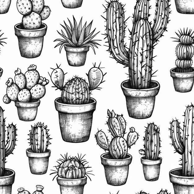 una ilustración en blanco y negro de cactus y cactus