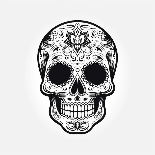 Una ilustración en blanco y negro de una calavera con motivos florales.