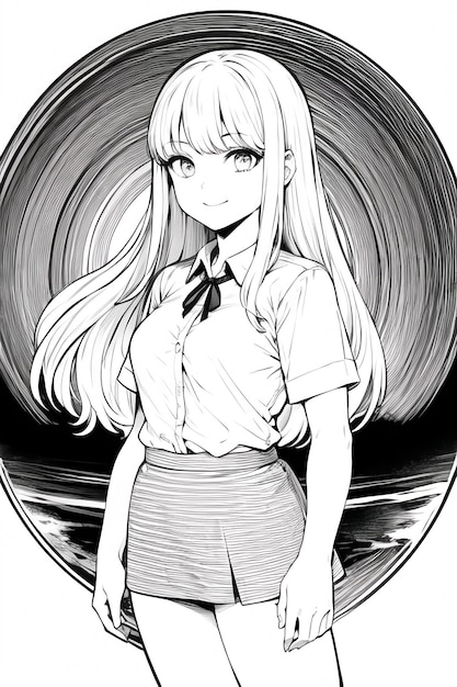 Una ilustración en blanco y negro de una chica con cabello largo y una camisa blanca que dice "te amo".