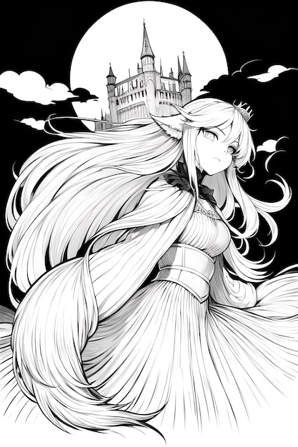 Una ilustración en blanco y negro de una chica con el pelo largo y un castillo al fondo.