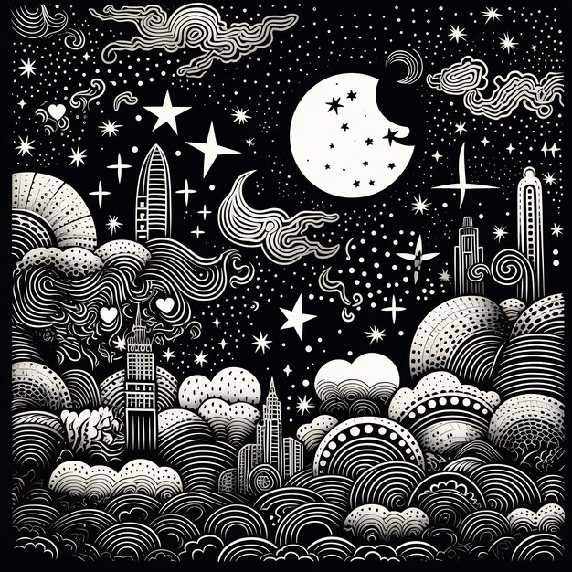 una ilustración en blanco y negro de una ciudad con una luna y estrellas.