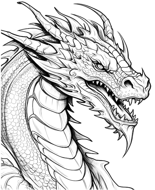 Ilustración en blanco y negro para colorear animales dragón enfoque suave selectivo