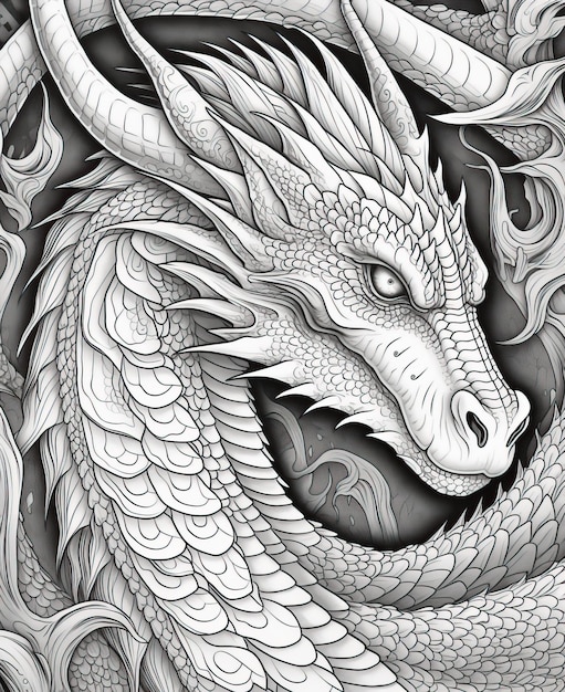 Ilustración en blanco y negro para colorear animales dragón enfoque suave selectivo