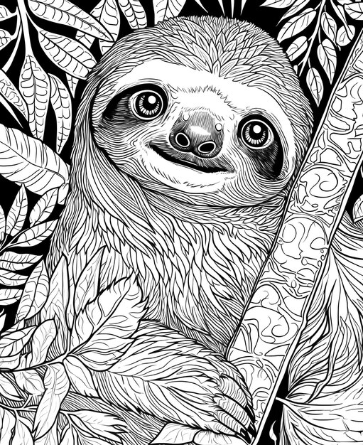 Ilustración en blanco y negro para colorear animales perezoso enfoque suave selectivo