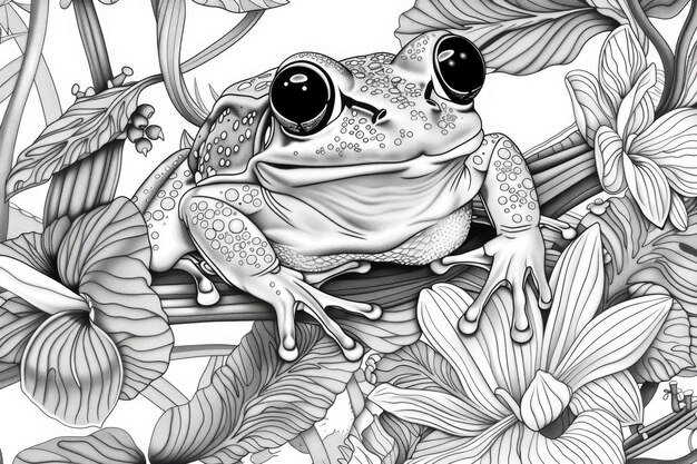 Ilustración en blanco y negro para colorear animales rana