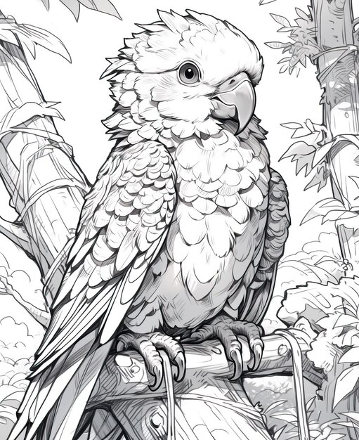 Ilustración en blanco y negro para colorear pájaros loro enfoque suave selectivo