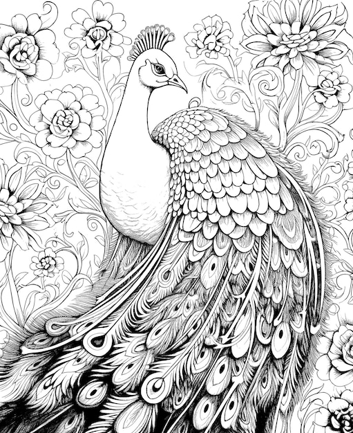 Foto ilustración en blanco y negro para colorear pájaros pavo real foco suave selectivo