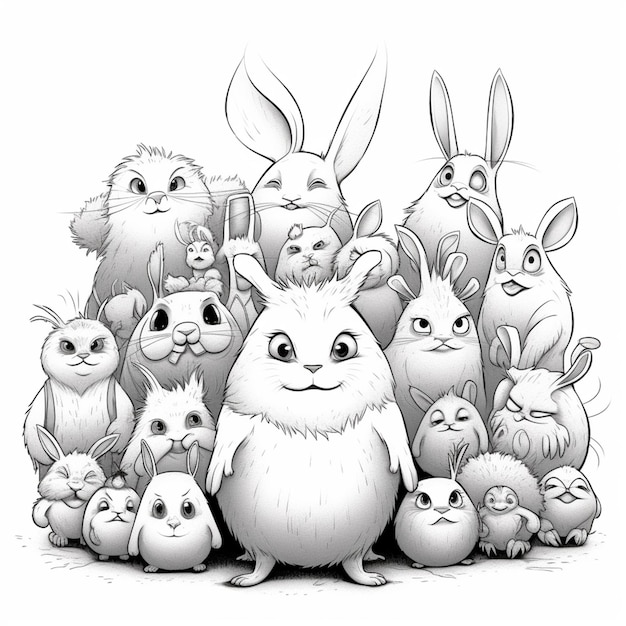 Una ilustración en blanco y negro de un conejito con muchos conejos.