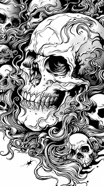 una ilustración en blanco y negro de un cráneo con muchos patrones diferentes