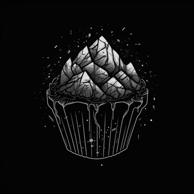 una ilustración en blanco y negro de un cupcake con una montaña al fondo ai generativo