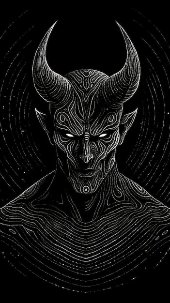Una ilustración en blanco y negro de un diablo con cuernos