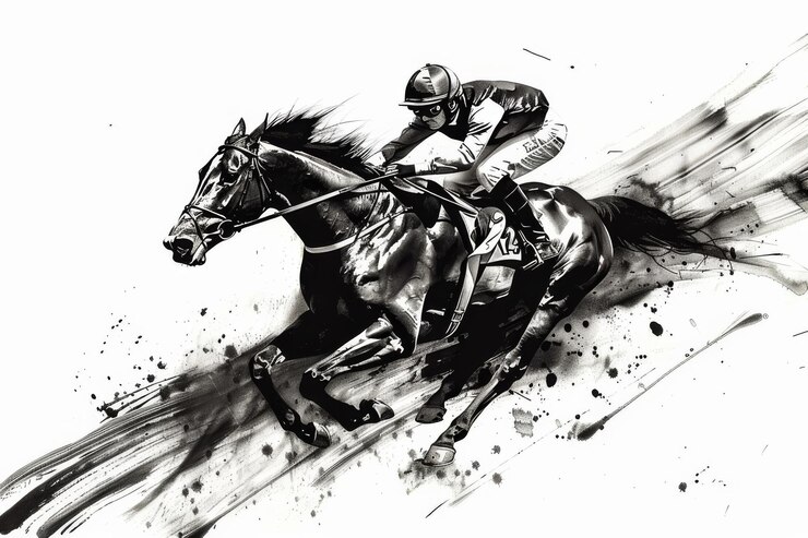 Ilustración en blanco y negro de dos jinetes compitiendo a caballo capturando la energía dinámica y la velocidad de la carrera