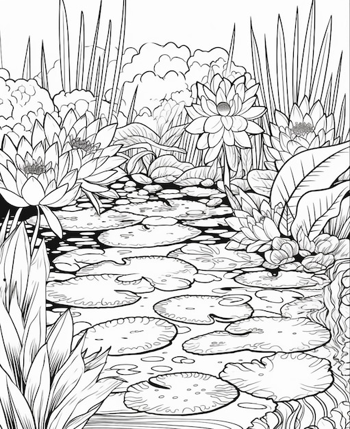 Una ilustración en blanco y negro de un estanque con nenúfares y flores.