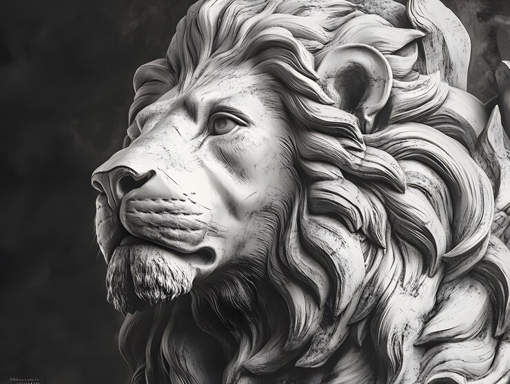 Ilustración en blanco y negro de una estatua de león de mármol con textura lisa generada por la IA