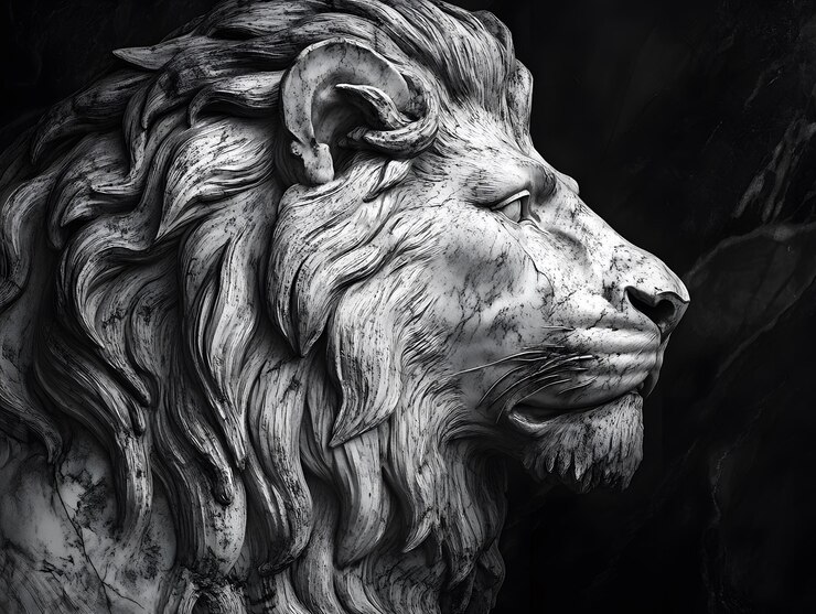 Ilustración en blanco y negro de una estatua de león de mármol con textura lisa generada por la IA