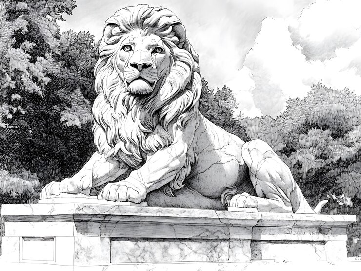 Ilustración en blanco y negro de una estatua de león de mármol con textura lisa generada por la IA