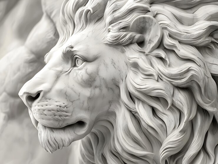 Ilustración en blanco y negro de una estatua de león de mármol con textura lisa generada por la IA