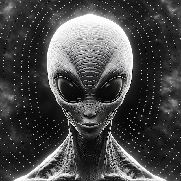 Una ilustración en blanco y negro de un extraterrestre con ojos grandes.