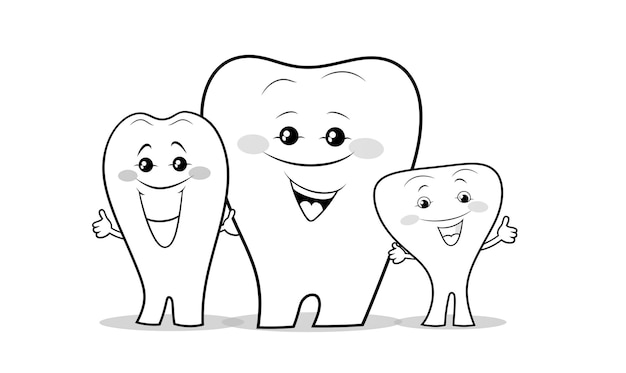 Foto ilustración en blanco y negro de una familia de dientes aislados sobre un fondo blanco