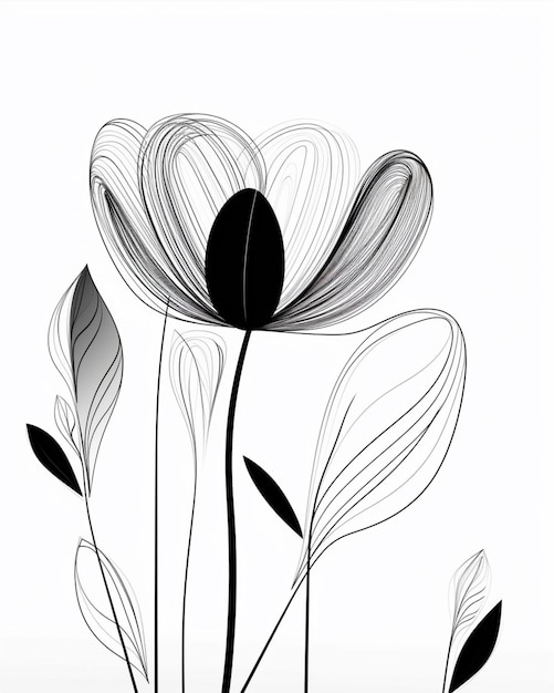 Una ilustración en blanco y negro de una flor con hojas y flores.