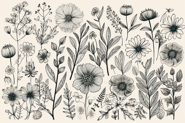 Una ilustración en blanco y negro de flores y plantas.