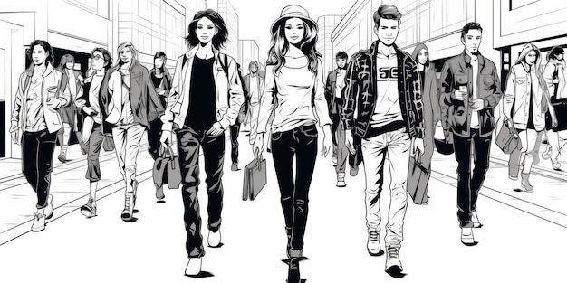 Ilustración en blanco y negro de gente caminando por la calle urbana