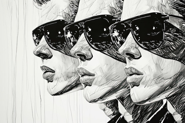 Ilustración en blanco y negro Graffiti de tres hombres de perfil con gafas