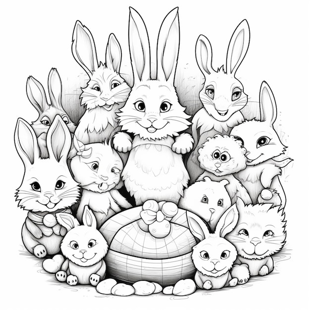 Foto una ilustración en blanco y negro de un grupo de conejos con una canasta de huevos de pascua.