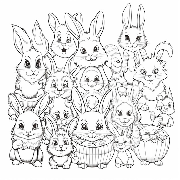 Una ilustración en blanco y negro de un grupo de conejos y un conejito.