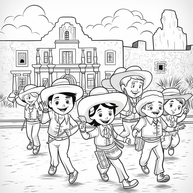 una ilustración en blanco y negro de un grupo de niños en trajes mexicanos