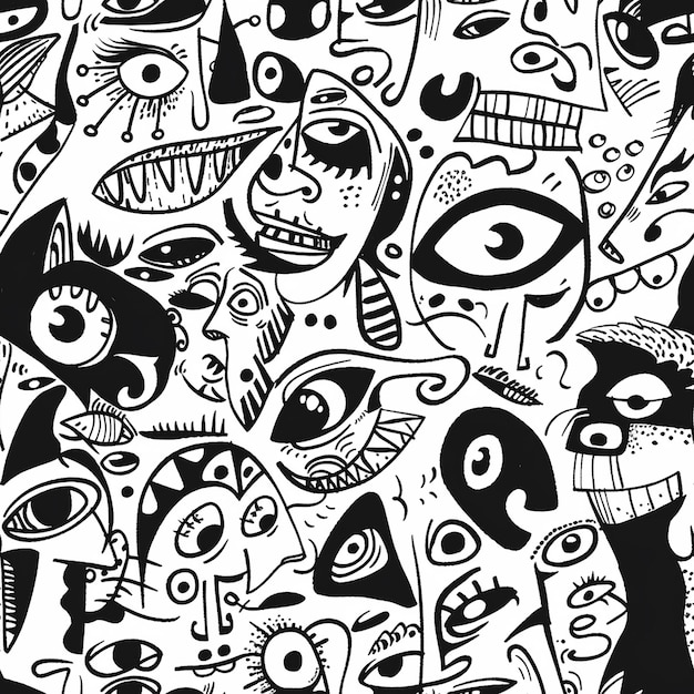 una ilustración en blanco y negro de un grupo de personas con ojos y caras