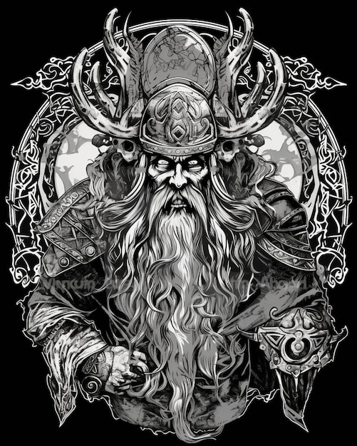 Una ilustración en blanco y negro de un guerrero vikingo con una gran barba.