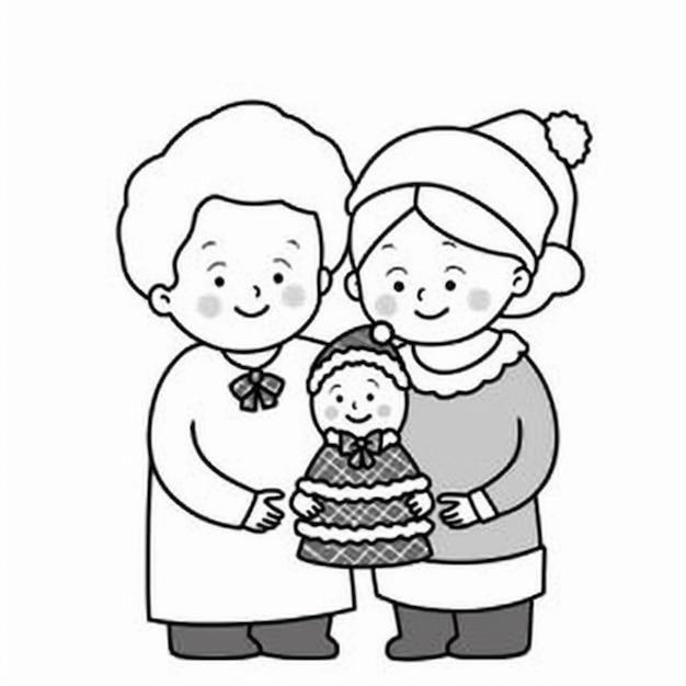 una ilustración en blanco y negro de un hombre y una mujer sosteniendo un bebé generativo ai