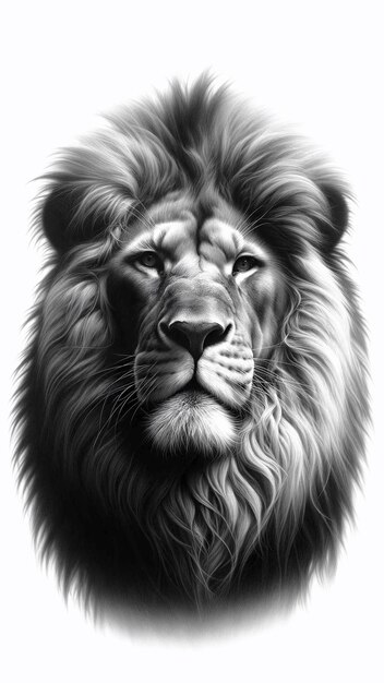 Ilustración en blanco y negro de un majestuoso rostro de león con una gruesa y lujosa melena