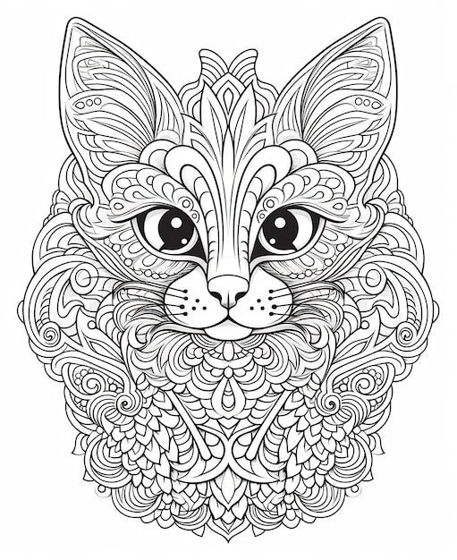 Foto ilustración en blanco y negro de mandala para colorear animales gato enfoque suave selectivo