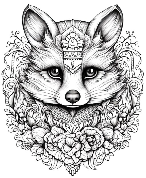 Ilustración en blanco y negro de mandala para colorear animales zorro enfoque suave selectivo