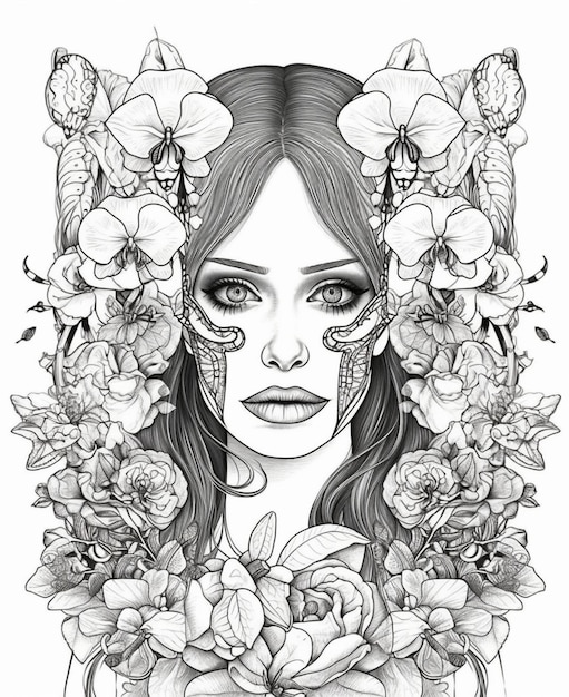 Una ilustración en blanco y negro de una mujer con flores alrededor de su rostro.