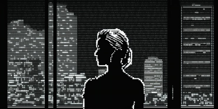 Foto una ilustración en blanco y negro de una mujer frente a un paisaje urbano.