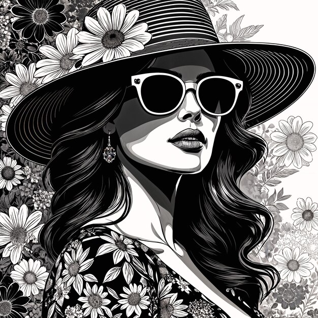 Una ilustración en blanco y negro de una mujer con gafas de sol, un sombrero y un vestido floral rodeado de flores