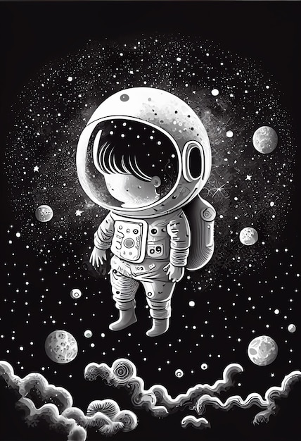 Una ilustración en blanco y negro de un niño con un traje espacial.