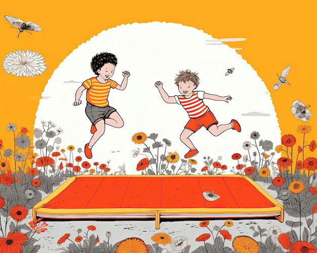 Ilustración en blanco y negro de niños saltando en un trampolín dibujo y página para colorear