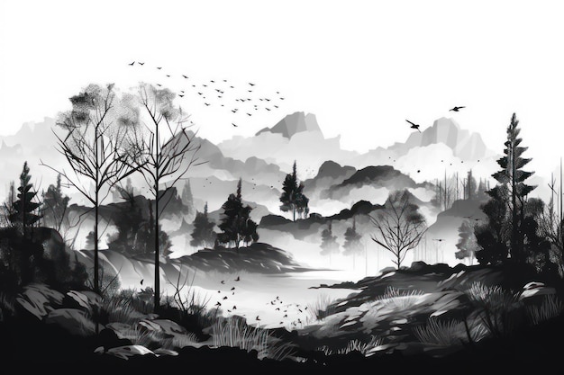 Una ilustración en blanco y negro de un paisaje con árboles y montañas al fondo.