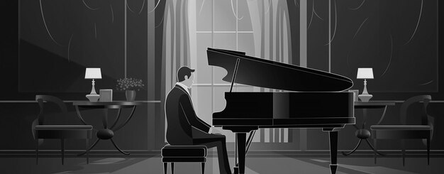 Ilustración en blanco y negro de un pianista en el piano