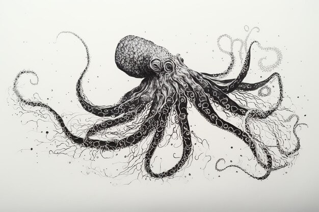 Ilustración en blanco y negro de un pulpo con largos tentáculos IA generativa