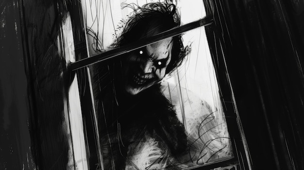 Una ilustración en blanco y negro que captura una escena inquietante