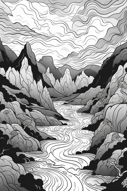 Una ilustración en blanco y negro de un río de montaña con nubes generativas ai