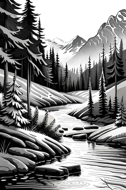 Una ilustración en blanco y negro de un río rodeado de árboles y montañas.