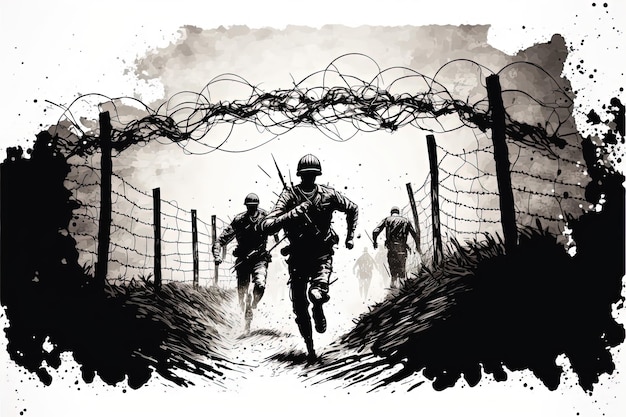 Ilustración en blanco y negro de soldados corriendo por el campo de batalla. IA generativa